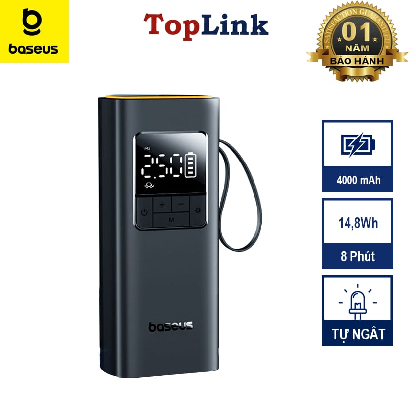 Bơm Tích Điện Mini Cầm Tay BASEUS Pin 4000mAh Cho Ô Tô, Xe Máy