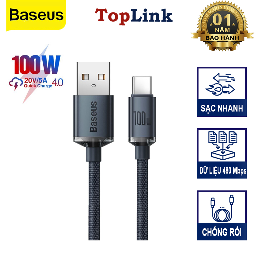 Cáp Sạc Nhanh 100W Baseus USB to Type C Dây Bọc Dù Quick Charge 3.0