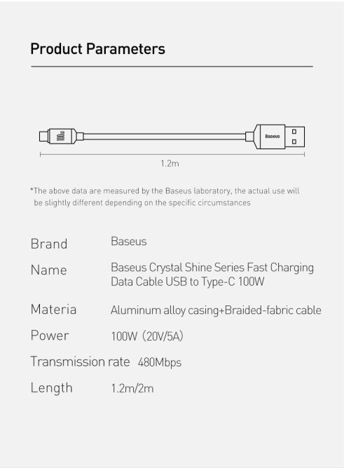 Cáp Sạc Nhanh 100W Baseus USB to Type C Dây Bọc Dù Quick Charge 3.0 Công Suất Lớn