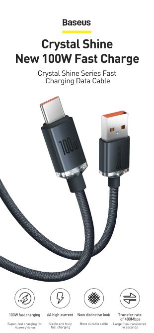 Cáp Sạc Nhanh 100W Baseus USB to Type C Dây Bọc Dù Quick Charge 3.0 Công Suất Lớn