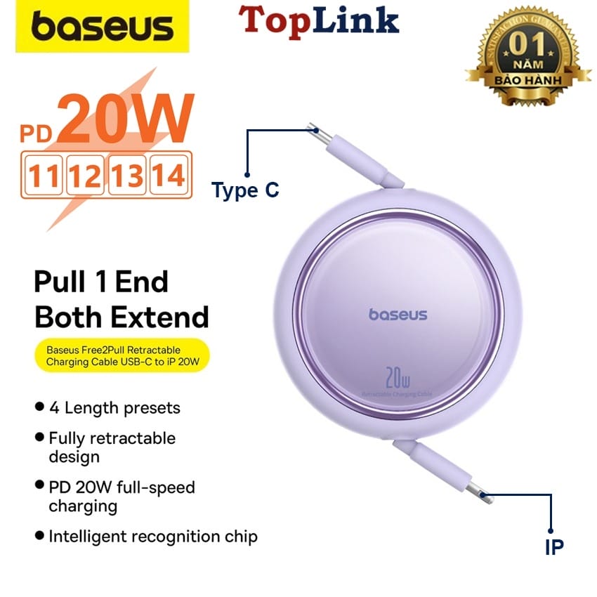 Cáp Sạc Nhanh Dây Rút 20w Baseus Type C to Lightning Free2Pull Mini