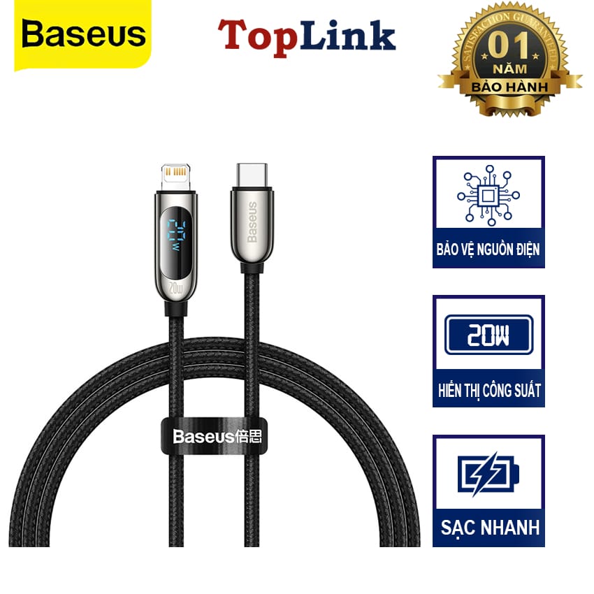 Cáp Sạc Nhanh Hiển Thị Công Suất 20w BASEUS Truyền Dữ Liệu Bọc Dù