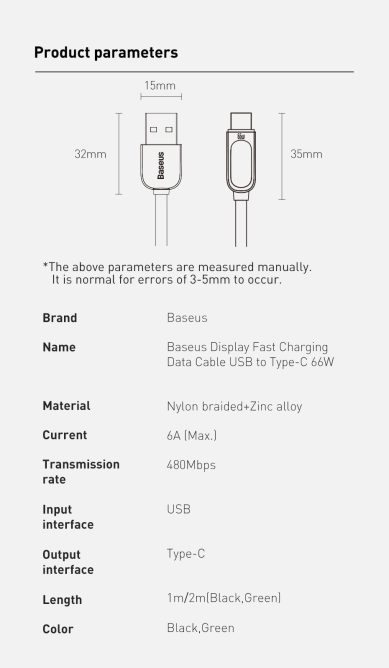 Cáp Sạc Nhanh Hiển Thị Công Suất 66w BASEUS USB to Type C Truyền Dữ Liệu