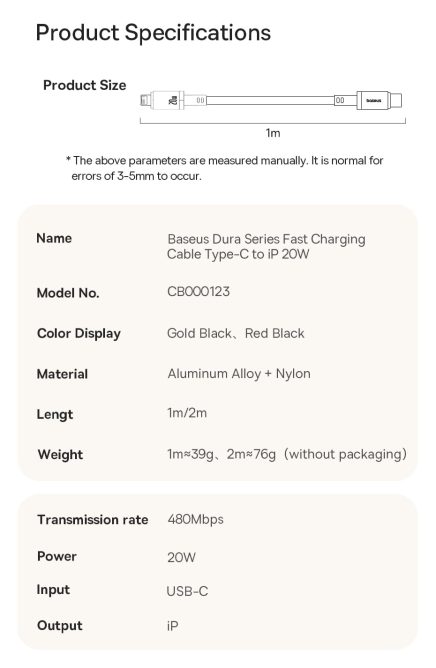 Cáp Sạc Nhanh PD 20w Baseus Dura Type C to Lightning Bọc Dù Truyền Data 480Mbps