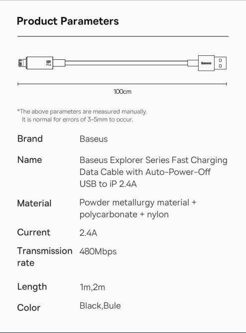 Cáp Sạc Tự Ngắt Baseus 2.4A USB to Lightning Auto Power Off Bảo Vệ Pin