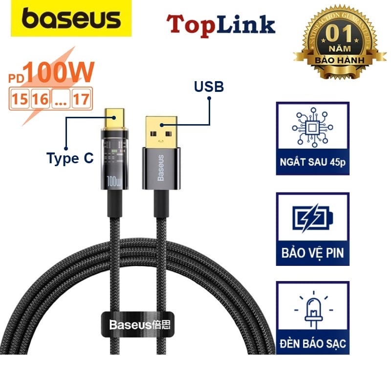Cáp Sạc Tự Ngắt Siêu Nhanh 100w USB to Type C Baseus Gen2 Power Off