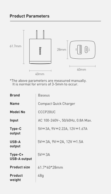Củ Sạc Nhanh 20w Baseus Chính Hãng Cổng USB + Type C Tích Hợp PD/QC 3.0 Cho Điện Thoại