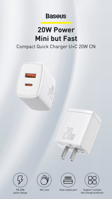 Củ Sạc Nhanh 20w Baseus Chính Hãng Cổng USB + Type C Tích Hợp PD/QC 3.0 Cho Điện Thoại
