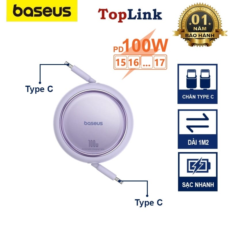 Dây Cáp Sạc Nhanh PD 100W C to C Rút Gọn Baseus Free2Draw Mini