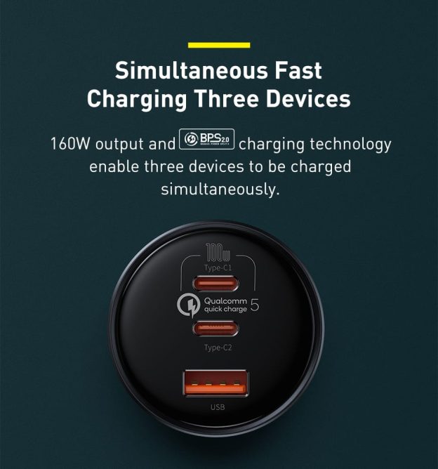 Tẩu Sạc Nhanh Ô Tô Công Suất 160W Baseus Qualcomm Quick Charger USB + 2 Type C