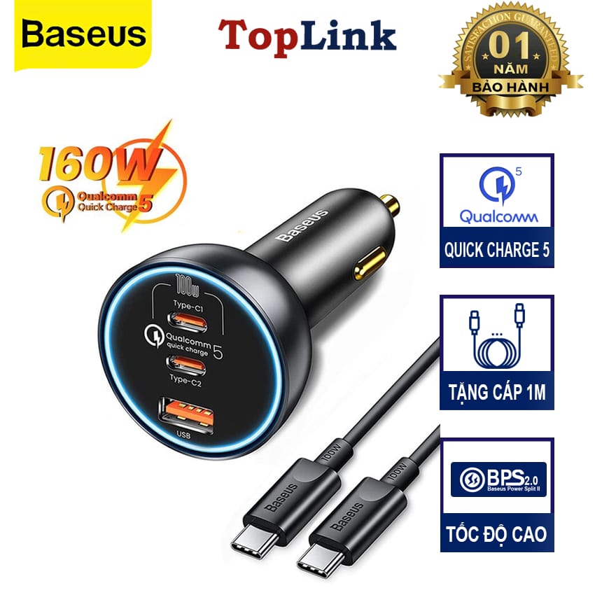 Tẩu Sạc Nhanh Ô Tô Công Suất 160W Baseus Qualcomm USB + 2 Type C