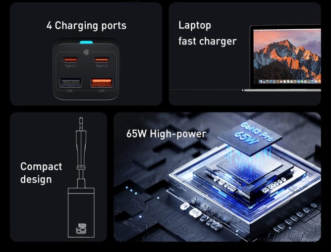 Bộ Sạc Nhanh Baseus 65w GaN3 Pro Desktop Fast Charger 4 In 1 Cho Laptop Điện Thoại
